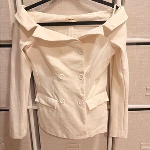 L'AGENCE Cream Off-Shoulder Double-Breasted Blazer